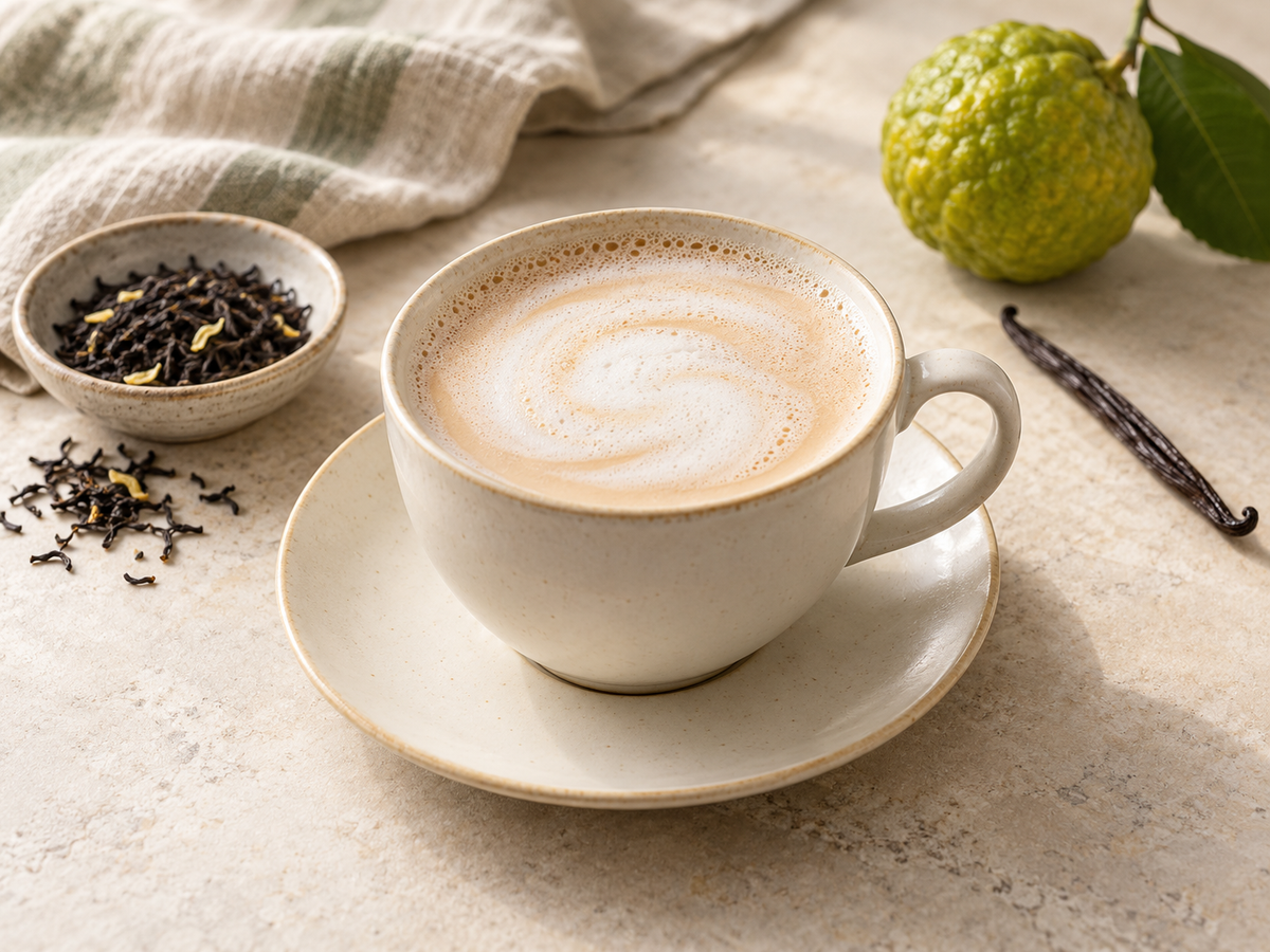London Fog mit Earl Grey, Vanille und cremigem Milchschaum in einer hellen Tasse mit Untertasse.