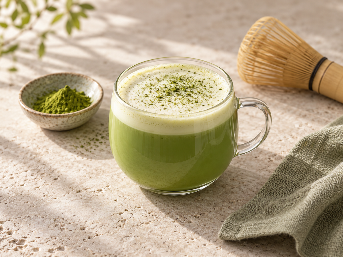 Cremiger Matcha Latte mit Milchschaum in einer Glastasse, daneben Matchapulver und ein Bambusbesen.