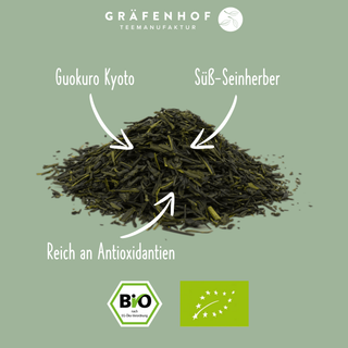 Die Eigenschaften unsers BIO Japan Gyokuro Kyoto Tees: 100% reiner Guokuro Kyoto, süß-seinherber Geschmack und reich an Antioxidantien.