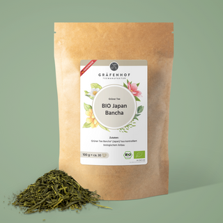 Die Vorderseite unseres japanischen Bancha Grüntees: 100% grüner Tee Bancha aus biologischem Anbau. 100 g entsprechen ca. 30 Portionen.