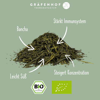 Die Vorteile unseres Bancha Grüntees: BIO-zertifizierter Bancha Grüntee, leicht süß, steigert deine Konzentration und stärkt das Immunsystem.