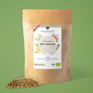 Die Vorderseite des BIO Tulsi Tees - BIO Tulsikraut aus 100% kontrolliert biologischem Anbau.