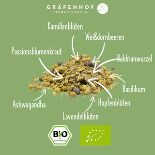 Die Zutaten des BIO Zeit für dich Tees: Ashwagandha, Kamillenblüten, Weißdornbeeren, Baldrianwurzel, Basilikum, Hopfenblüten, Lavendelblüten und Passionsblumenkraut.