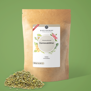 Die Vorderseite unseres Damianablätter Tees. Zutaten: Damianablätter. 100 g entsprechen ca. 30 Tassen Damianablätter Tee