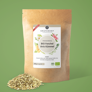 Die Vorderseite des Fenchel Anis Kümmel Tees von Gräfenhof Tee zeigt die Zutaten: Fenchel, Anis und Kümmel aus kontrolliert biologischem Anbau