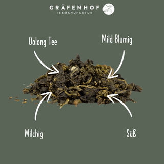 Die Vorteile unseres China Milky Oolong Tees: 100% reiner Oolong Tee, mild blumiger Geschmack, milchig und süß.
