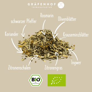 Die Vorteile des BIO Rosmarin Zitrone Tee: Es sind Koriander, schwarzer Pfeffer, frischer Rosmarin, Olivenblätter, Krauseminzblätter, Ingwer, Zitronengras und Zitronenschalen enthalten.